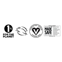 icons showing our 1 percent for the plant partnership, leaping bunny certified, vegan certified, and made safe certified